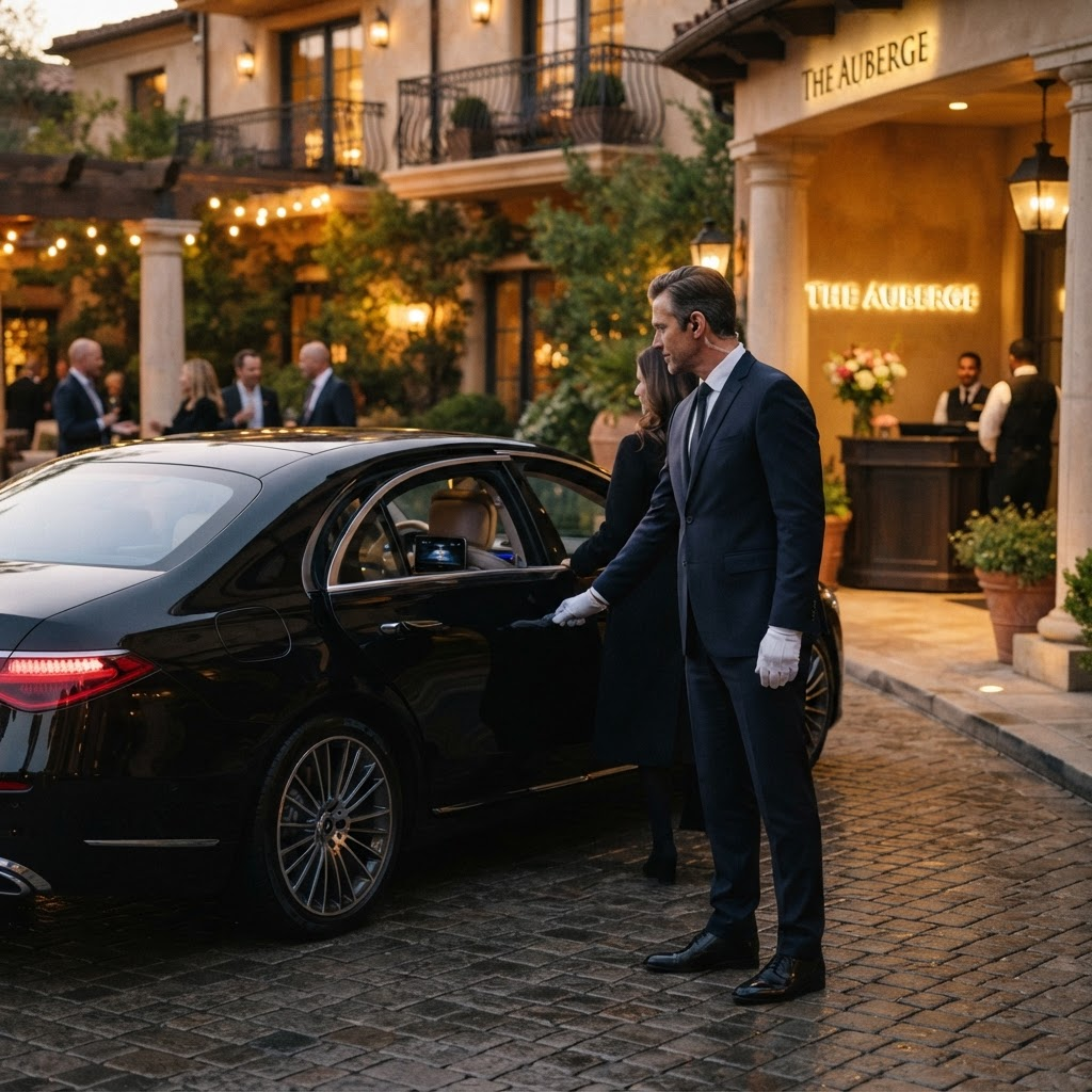 Chauffeur opening the door of a black Mercedes-Benz