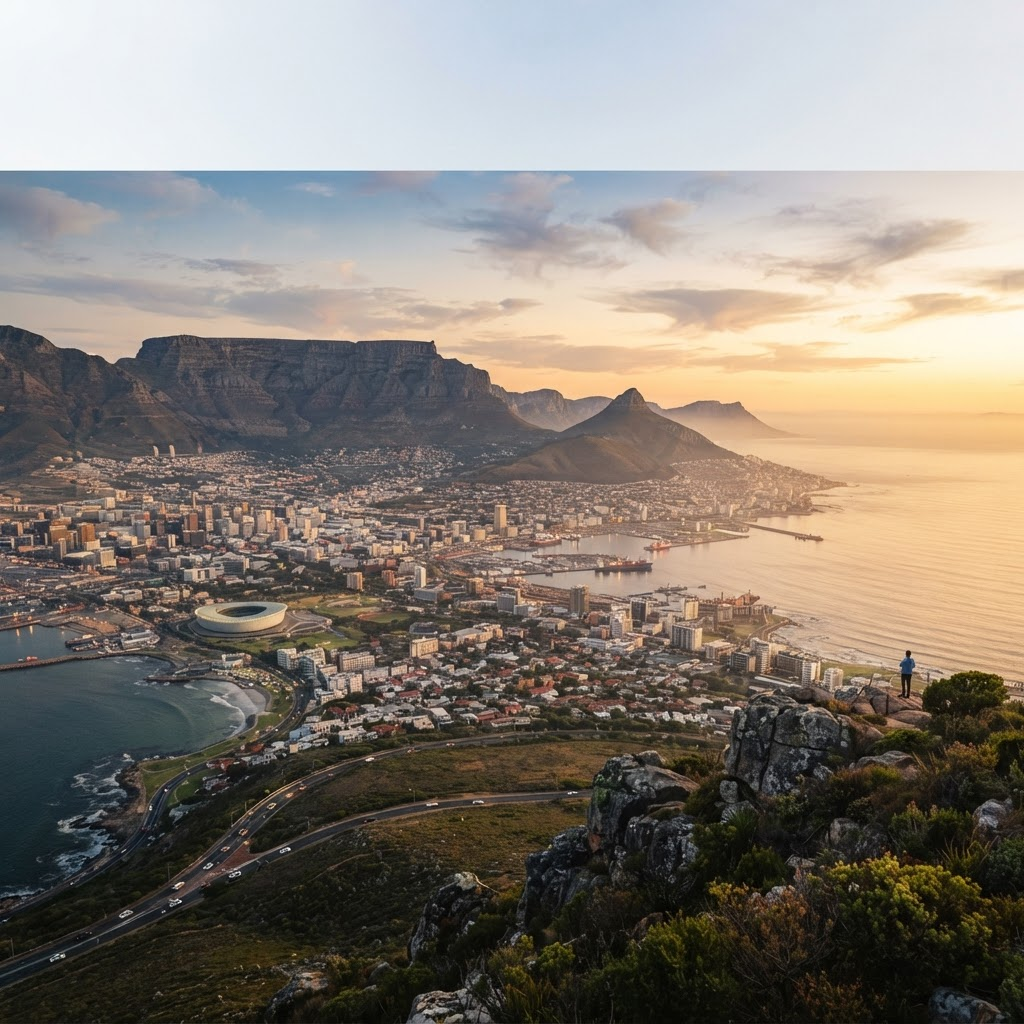 Cape Town skyline beneath Table Mountain at golden hour