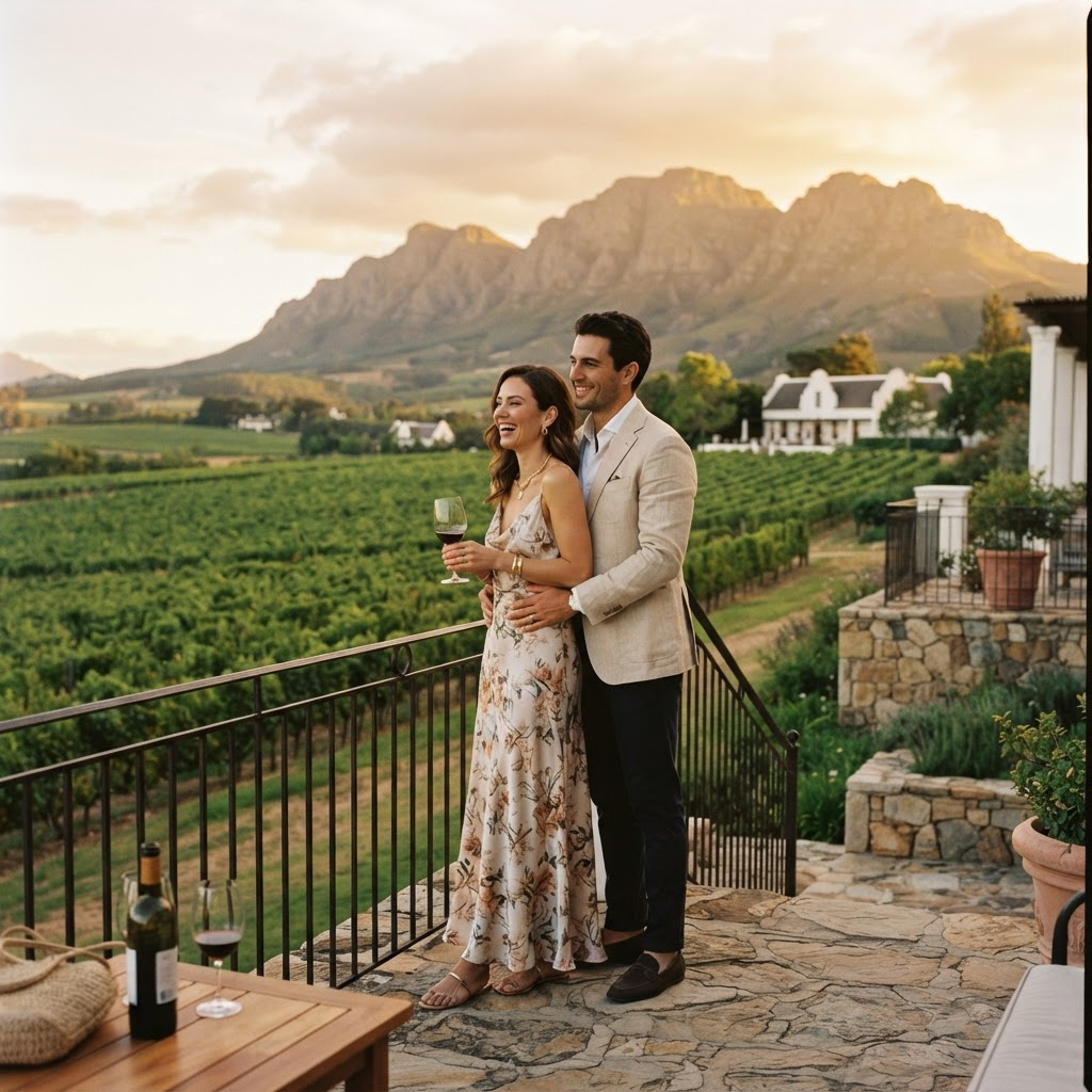 A couple overlooking vineyards at a Cape Winelands estate